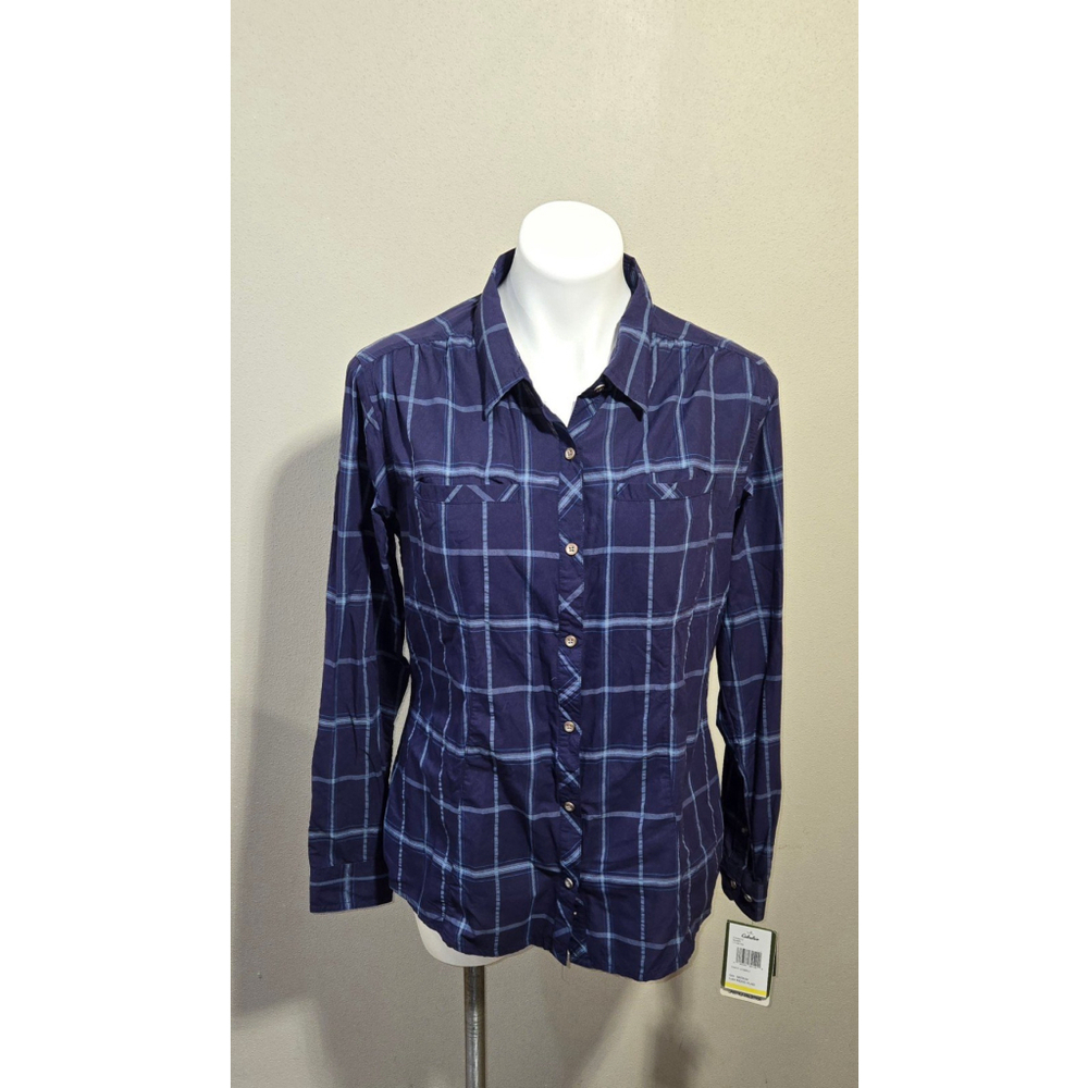 NWT Cabelas Nylon Long Sleeve Button Up Navy Blue Plaid Blouse Shirt Women's